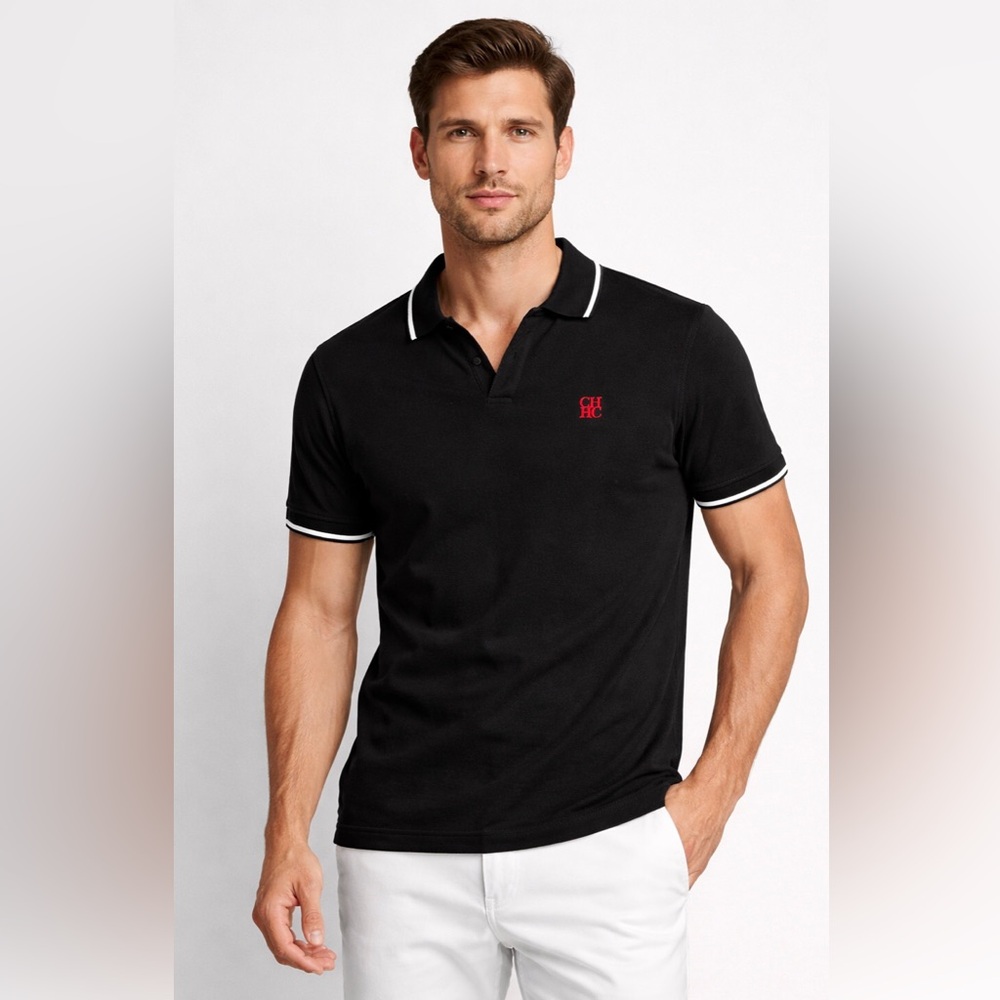 Carolina Herrera Men’s S Black V-Neck Polo Shirt w/ Contrast White Trim 2002 Y2K